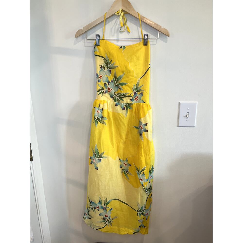 Vintage WaSayang Penang Yellow Tropical Halter Maxi Dress Floral Backless Medium